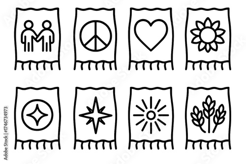 Symbolic Blanket Collection. Symbolic blankets outline set. unity blanket, peace blanket, heart blanket, gratitude blanket, harmony blanket, guiding star blanket, joy blanket