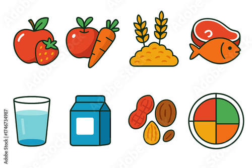 Colorful Balanced Plate. Balanced plate flat icon set. fruit section, vegetable section, grain section, protein section, dairy section, nuts section, water glass, portioned plate.