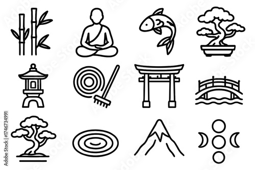 Zen Elements Icons. Zen meditation pose outline set. bamboo, koi fish, bonsai, lantern, sand pattern, brush, temple gate, bridge, pine tree, ripple, mountain peak, moon phase.