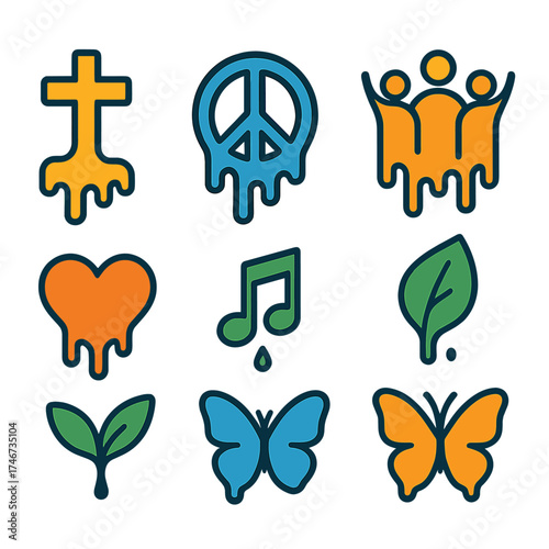 Vibrant Symbolic Melts. Symbolic melt flat icon set. hope melt, peace melt, unity melt, renewal melt, gratitude melt, harmony melt, growth melt, transformation melt.
