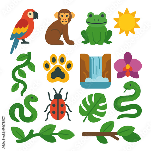Vibrant Rainforest Icons. Rainforest tree habitat flat icon set. parrot, monkey, frog, liana vine, jaguar paw, waterfall, orchid, snake, insect, sun, branch, leaf.