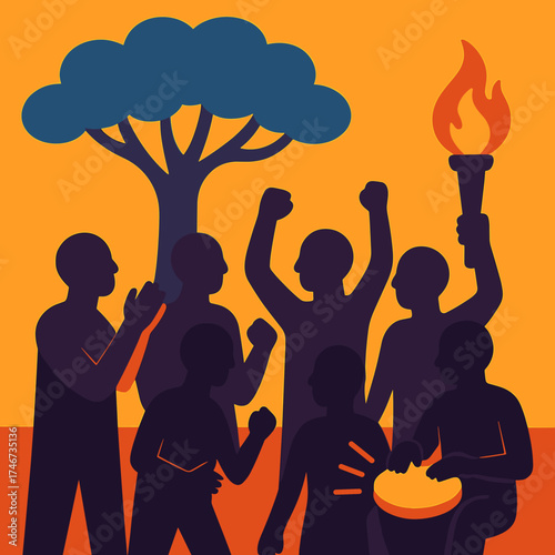 Harambee Celebration Silhouette. Harambee chant flat icon set. group silhouette, beating drum, chant lines, clapping hands, flame torch, gathering tree