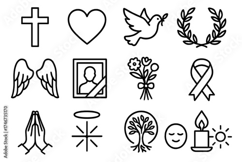 Memorial Symbols Collection. Memorial symbols outline set. cross, heart, dove, laurel wreath, angel wings, framed photo, flower bouquet, ribbon, praying hands, halo, radiant star