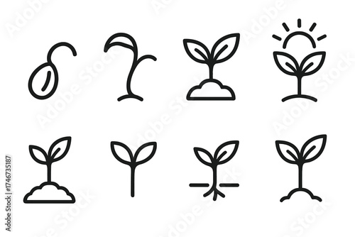 Growing Plant Icons. New growth outline set. germinating seed, upward sprout, sprout with soil, seedling in light, small plant symbol, breaking soil, tender leaves, rising green.