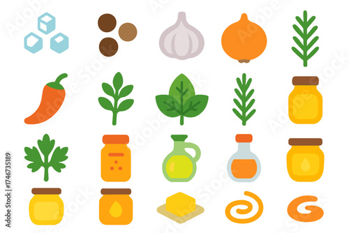 Flavor Icons Collection. Flavor symbols flat icon set. salt crystals, peppercorns, garlic bulb, onion, chili pepper, herb sprig, basil leaf, rosemary twig, thyme sprig, parsley