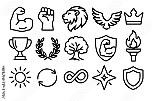 Strength Icons Collection. Strength outline icons. strong arm, clenched fist, lion head, eagle wings, crown, trophy, laurel wreath, oak tree, shield of strength, flame of victory