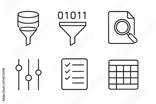 Data Analysis Icons. Data refinement outline set. database with filter, chart bars, settings sliders, binary digits, funnel icon, check list, magnifier on file, clean spreadsheet.