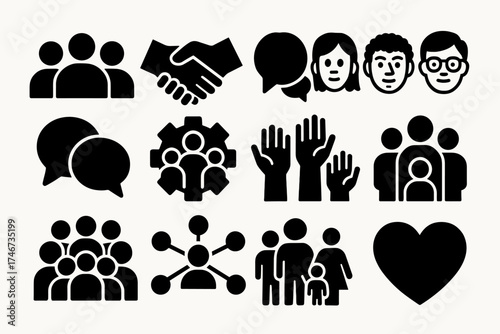 Brutalist Social Icons. Social clustering silhouette set. group of people, handshake, chat circle, diverse faces, speech bubbles, teamwork gear, raised hands, community group