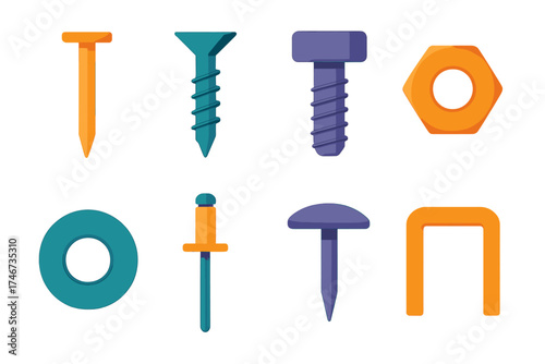 Colorful Fastener Icons. Basic Fasteners flat icon set. nail, screw, bolt, nut, washer, rivet, tack, staple.