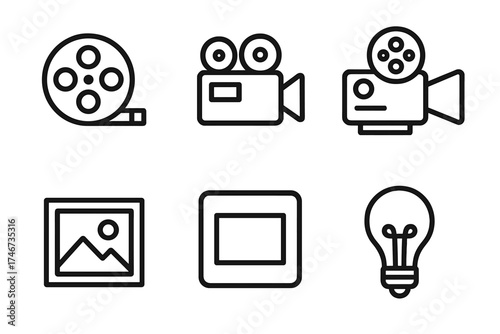 Film Icons Outline. Visual analog outline set. film reel, camera, projector, photo frame, slide, light bulb.