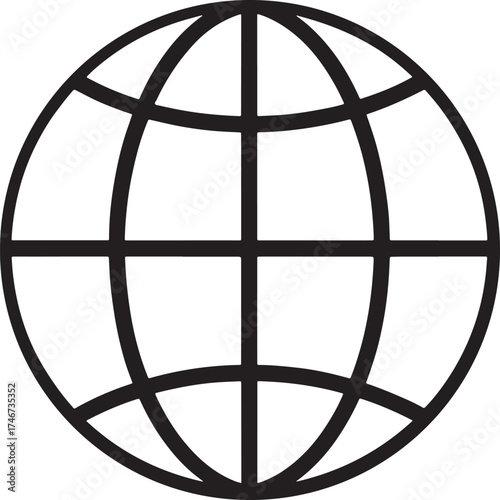 Black outline globe icon with latitude and longitude lines on white Keywords: globe, world, earth