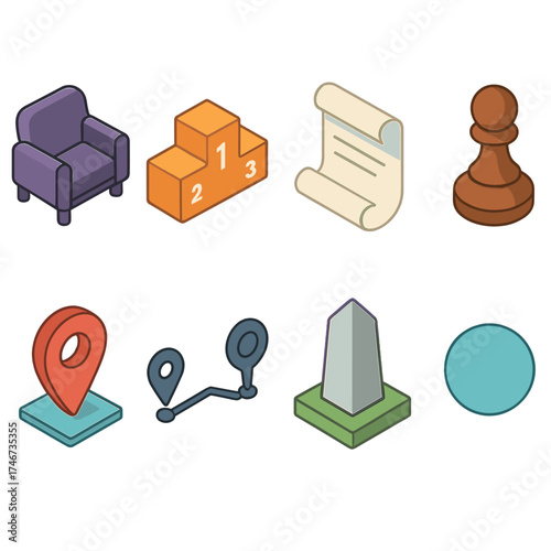 Isometric Position Icons. Position isometric set. seat icon, ranking podium, contract scroll, chess pawn, path marker, timeline point, milestone stone, circle dot.