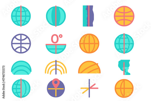 Meridian Icons Collection. Meridian Icons flat icon set. prime meridian globe, Greenwich line globe, vertical world map line, earth meridian symbol, longitude meridian circle, 0°