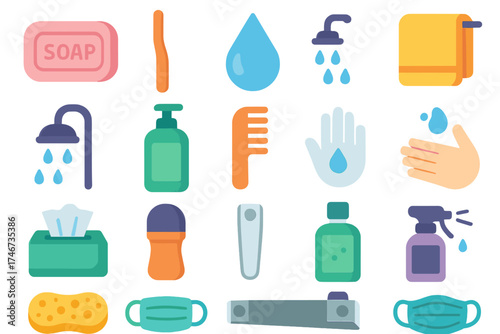 Modern Hygiene Essentials. Hygiene flat icon set. soap bar, toothbrush, toothpaste, water droplet, towel, shower, shampoo bottle, comb, handwashing icon, tissue box, deodorant