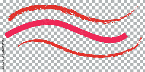 Three hand drawn red and pink wavy brush stroke lines on a transparent background, abstract art element