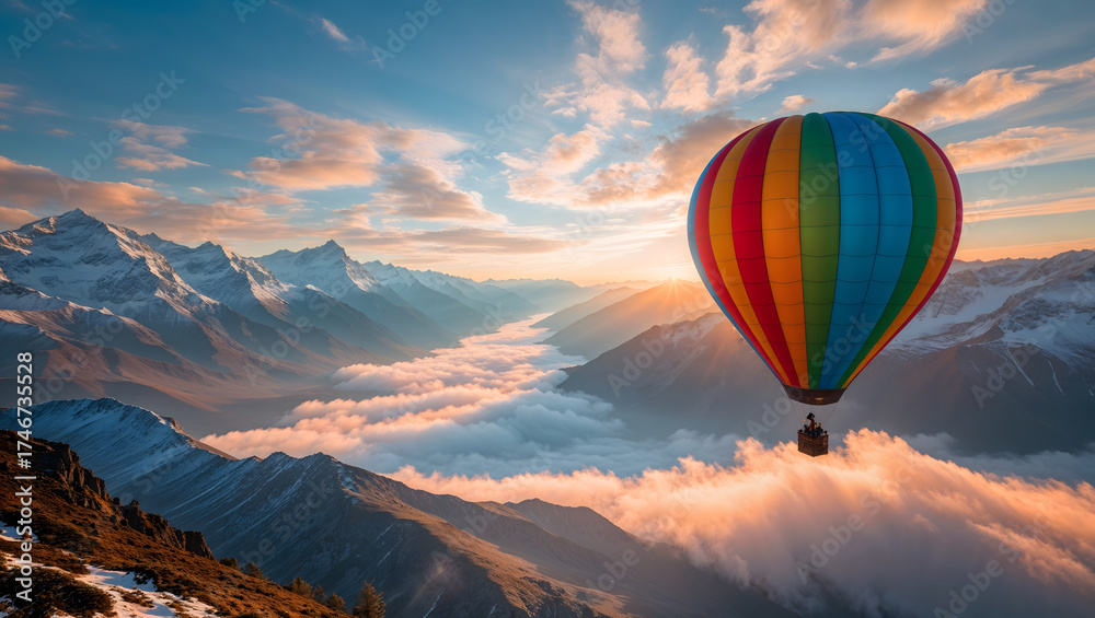 Obraz premium Hot air balloon in full flight soaring majestically over the rugged snow-capped Alpine peaks at sunrise, with the valleys below shrouded in a thick layer of misty fog generative AI