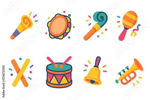 Vibrant Party Instruments. Celebration noise flat icon set. blowout horn, tambourine, party whistle, shaker, festive drum, bell ringer, clapper sticks, trumpet toy.