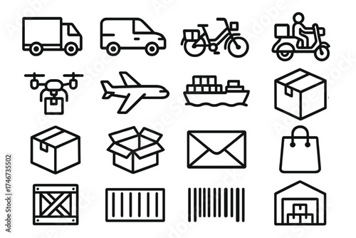 Delivery Icon Set. Delivery outline icons. delivery truck, van, cargo bike, scooter, drone, airplane, cargo ship, shipping box, parcel, open package, mail envelope, shopping bag