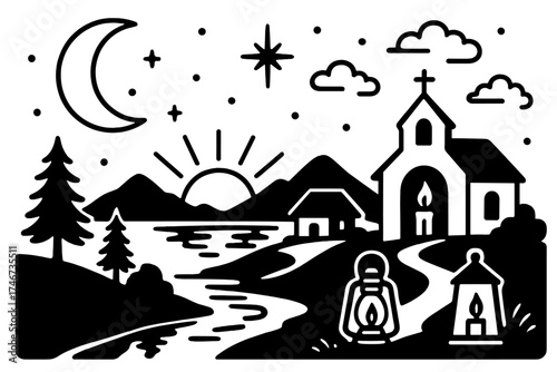 Serene Nightscape. Evening imagery outline set. crescent moon, starry sky, sunset, glowing horizon, mountain silhouette, river reflection, tree silhouette, lantern, cloud drift