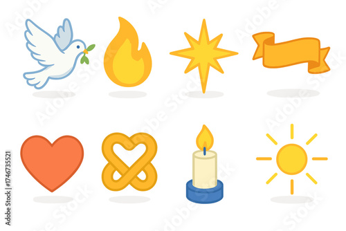 Symbolic Joy Icons. Symbolic joy isometric set. peace dove, harmony flame, guiding star, hope banner, love heart, unity knot, eternal light, blessing aura.