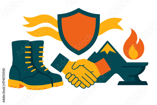 Symbolic Duty Emblems. Duty honor flat icon set. marching boots, shield crest, banner waves, mountain peak, clasped hands, eternal flame