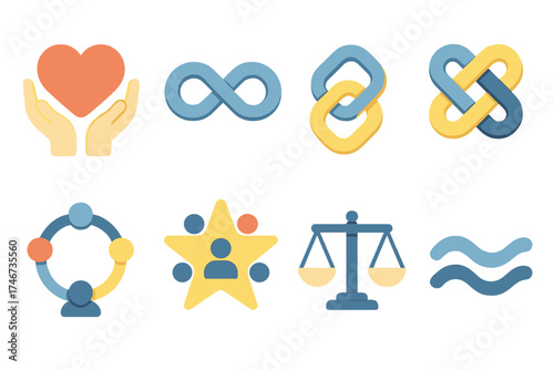 Symbolic Connection Icons. Symbolic bonds isometric set. heart with hands, infinity sign, chain link, unity knot, circle of people, star with friends, balance scale, harmony wave.