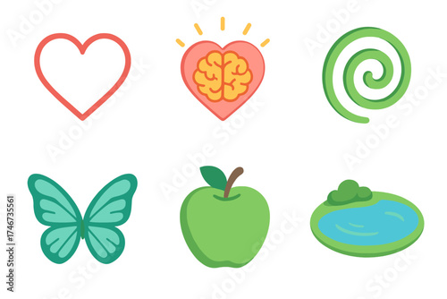 Wellness Icons Collection. Wellness heart isometric set. heart outline, glowing brain, spiral energy, butterfly wings, healthy apple, tranquil lake