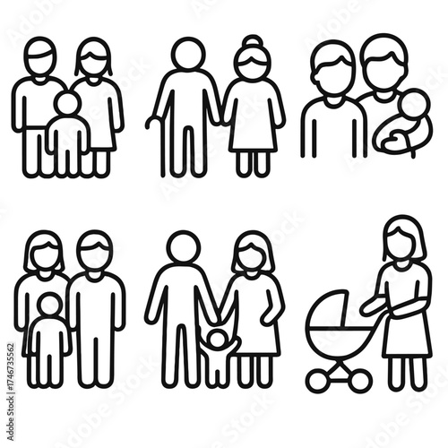 Family Icons Collection. Family outline icons. parents and child, grandparents, siblings, baby in arms, family group, holding hands, hugging family, stroller.