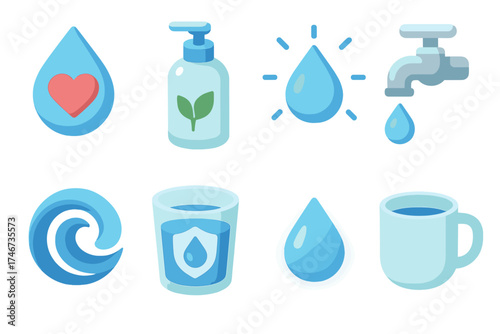 Isometric Water Icons. Water care isometric set. droplet with heart, eco refill bottle, drop with aura, faucet with drop, wave swirl, safe water glass, droplet glow, cup icon.