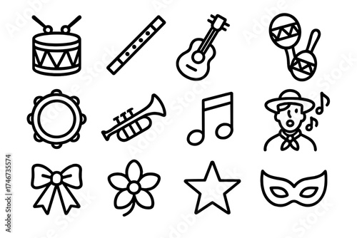 Musical Icon Collection. Traditional songs outline set. drum, flute, guitar, maraca, tambourine, trumpet, note, singer, ribbon, flower, star, mask.