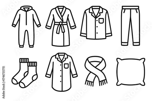 Sleepwear Icon Collection. Sleepwear outline set. onesie, robe with belt, pajama top, pajama bottoms, warm socks, nightshirt, scarf, bed cushion.