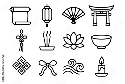 Ceremonial Icons Display. Ceremonial tea offering outline set. scroll, lantern, fan, temple arch, tassel, incense, lotus, bowl, pattern motif, ribbon, wave, candle flame.
