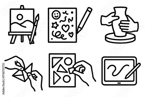 Creative Process Icons. Creative process outline set. canvas painting, doodle sheet, sculpting hands, pottery wheel, origami fold, collage art, spray paint, digital tablet.