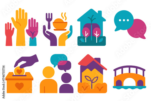 Community Icons Collection. Community Workgroup flat icon set. raised hands, shared meal, community garden, festival lantern, shelter roof, donation box, open dialogue, bridge.