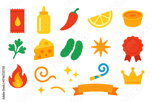 Festive Condiment Celebration. Festive extras flat icon set. ketchup packet, mustard bottle, chili pepper, lemon wedge, dipping sauce, parsley garnish, cheese slice, pickles