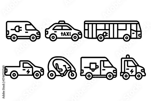 Electric Utility Vehicles Icons. Utility EVs outline set. delivery electric van, electric taxi, electric bus, electric truck, electric pickup, electric bike-car hybrid, cargo EV