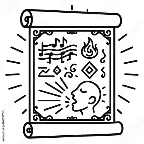 Mystical Chant Scroll. Chant scroll outline set. unfurled paper, rhythmic markings, mystical glyphs, decorative border, chanting voice, radiant aura