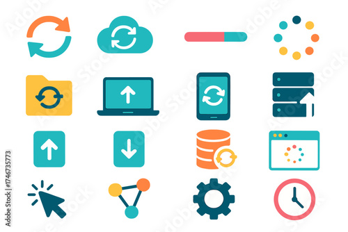 Modern Sync Icons. Syncing flat icon set. refresh arrows, cloud, progress bar, spinning circle, folder, laptop, smartphone, server, upload arrow, download arrow, database, app