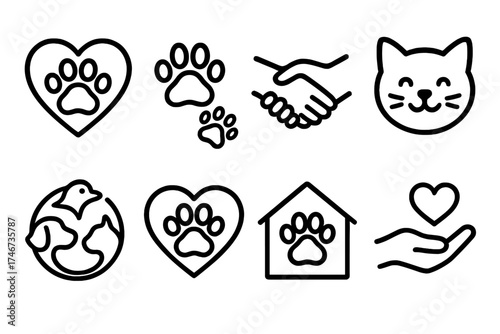 Animal Unity Icons. Hope symbols outline set. paw in heart, animal footprints, handshake with paw, smiling pet face, unity circle with animals, love paw icon, safe haven, adoption