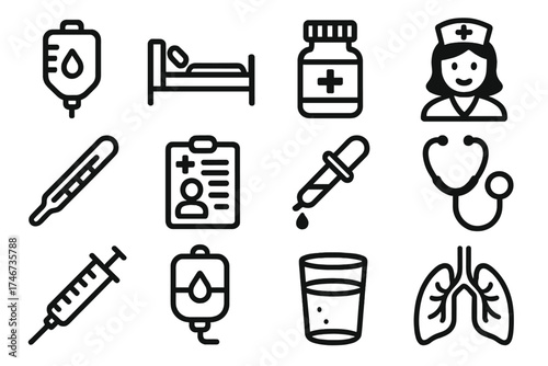 Medical Icons Collection. Medical hydration outline set. IV drip, hospital bed, pill bottle, nurse, thermometer, patient chart, dropper, stethoscope, syringe, saline bag, glass of
