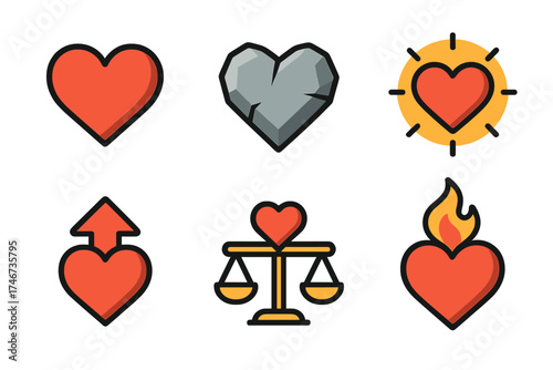Heart Symbol Icons. Strong heart isometric set. bold outline heart, solid stone, radiant circle, upward arrow, balanced scales, eternal flame