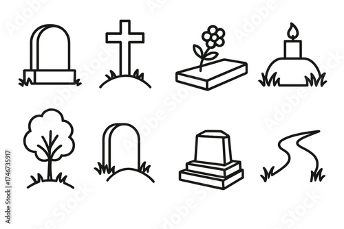 Peaceful Cemetery Icons. Peaceful cemetery outline set. simple headstone, cross grave marker, flower on grave, tree by stone, candle on grave, grassy mound, small memorial, quiet