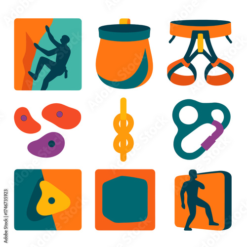 Rock Climbing Icons. Rock Climbing flat icon set. cliff face, chalk bag, harness, belay device, climbing holds, rope knot, crash pad, climber silhouette.
