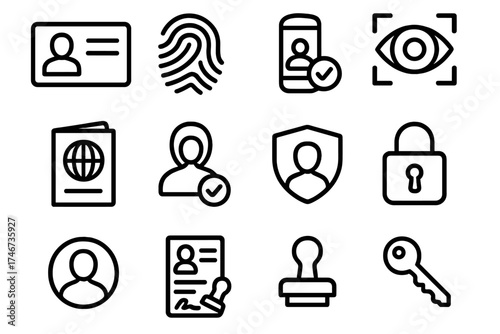 Verification Icons Set. Identity verification outline set. ID card, fingerprint, eye scan, face recognition, passport, smartphone with check, shield check, profile avatar, document