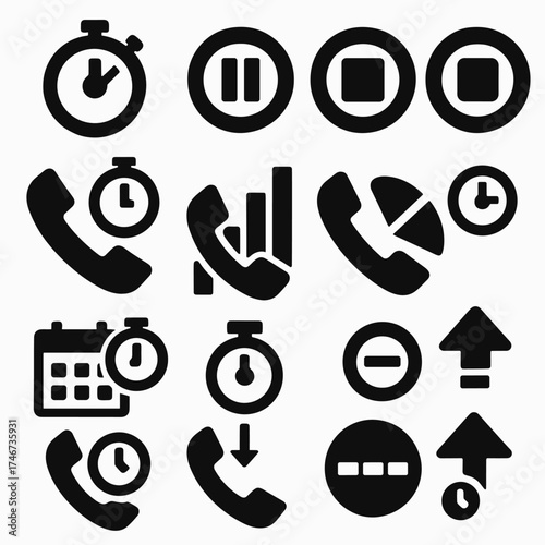 Call Timer Icons. Call Timer Actions silhouette set. start timer, pause timer, stop timer, reset timer, call log duration entry, compare call times, call length report, timed call