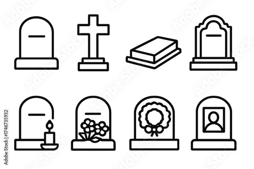 Grave Icon Collection. Grave outline icons. upright gravestone, cross gravestone, flat gravestone, decorated gravestone, candle by gravestone, flowers on gravestone, wreath on