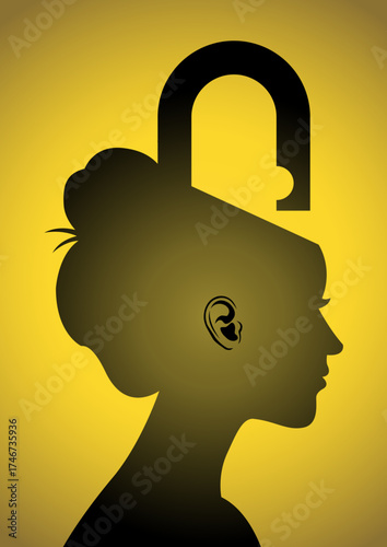 A woman's head in profile features a prominent, open padlock