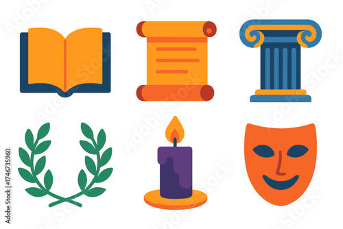 Philosophical Symbols. Philosophical abstract thinking flat icon set. open book, scroll, column, laurel wreath, candle, mask.