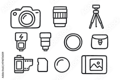 Camera Doodle Icons. Camera doodle icon set: hand drawn icons of DSLR, lens, tripod, flash, filter, photo roll, memory card,