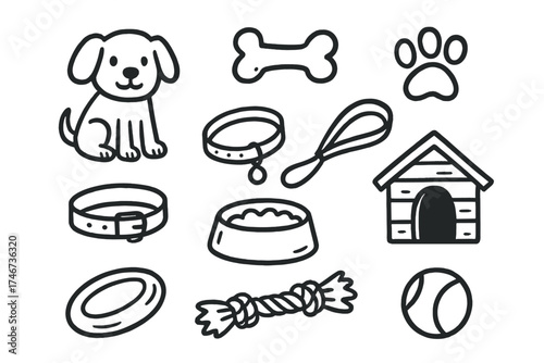 Dog Icons Collection. Dogs doodle icon set: hand drawn icons of puppy, bone, paw, leash, collar, bowl, house, frisbee, toy, and